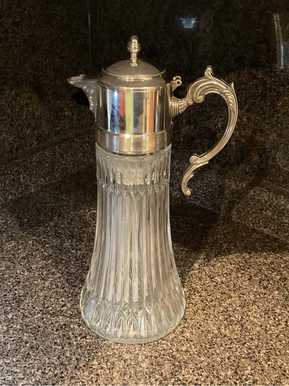Vintage  Silver-Tone Glass Pitcher with Ornate Handle - Clear